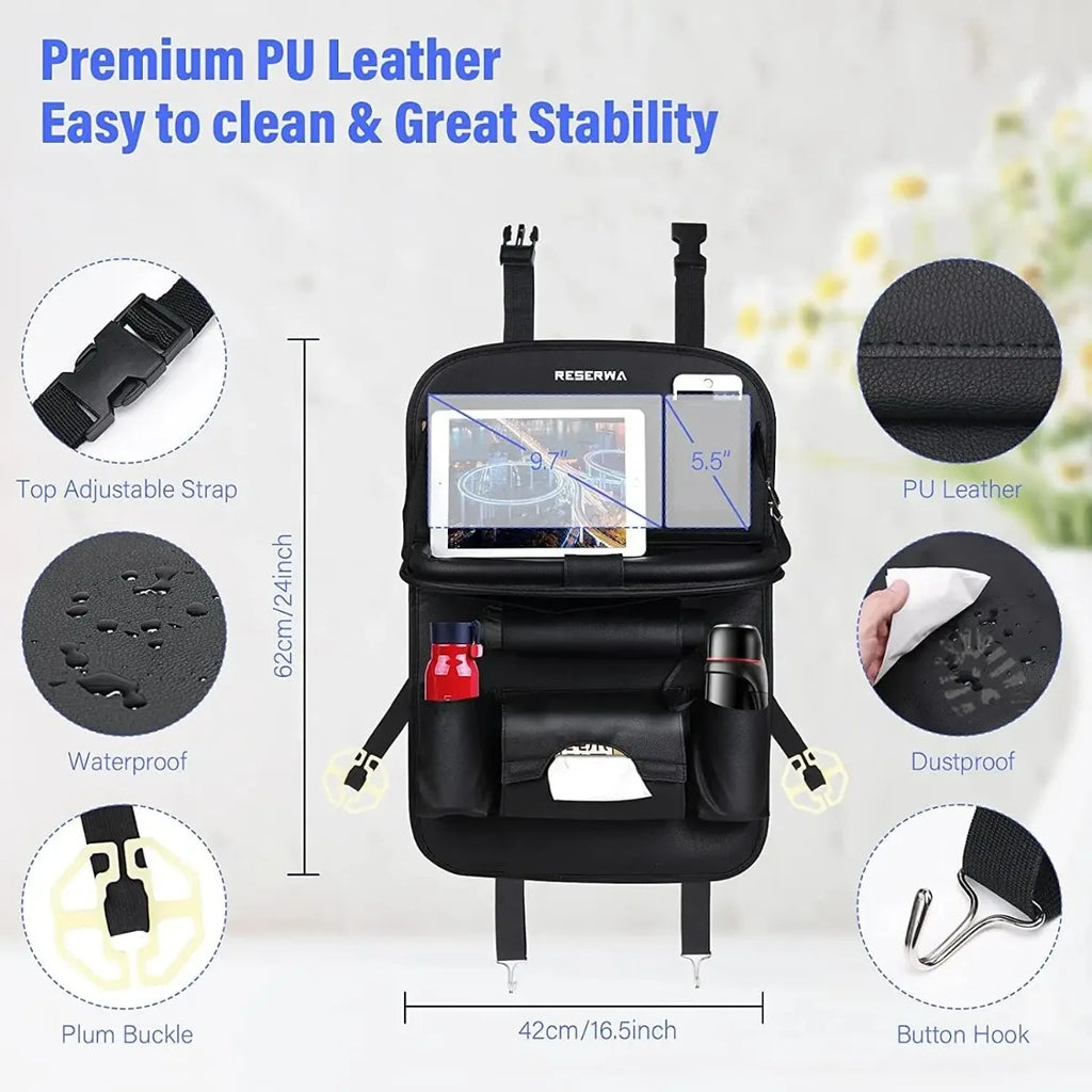 Car Seat Back Organizer with Foldable Table Tray PU Leather Storage Organizer with Pockets Kick Mats Seat Interior Accessories